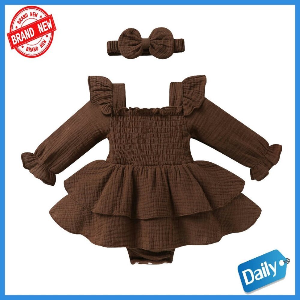 Baby Girl Cotton Blend Romper Dress with Headband, Snap Closure